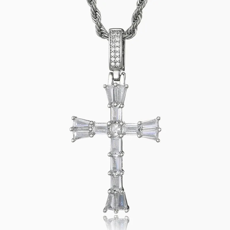 Baguette Cross Pendant – White or Yellow Gold Finish