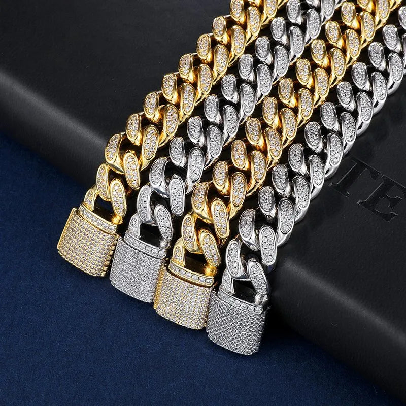 12mm Diamond Cuban Chain – White or Yellow Gold Finish