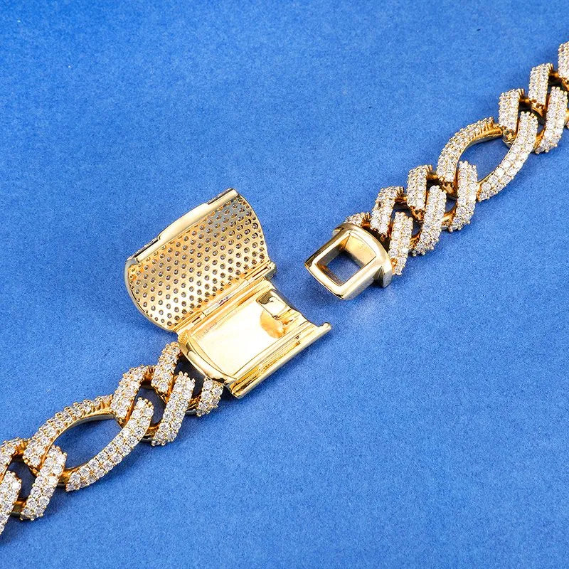 18mm Diamond Figaro Chain – White or Yellow Gold Finish