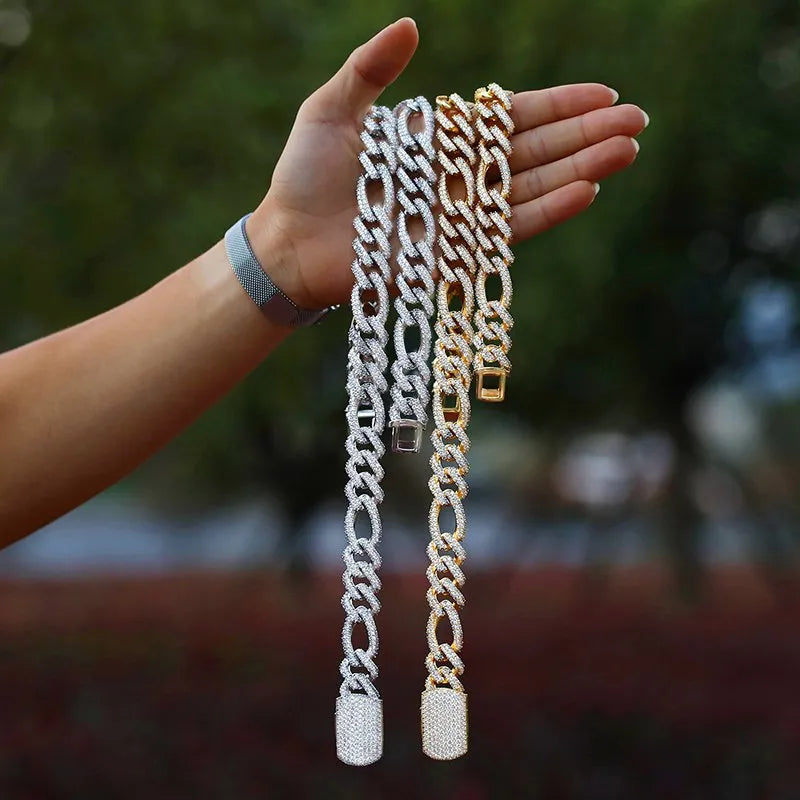 18mm Diamond Figaro Chain – White or Yellow Gold Finish