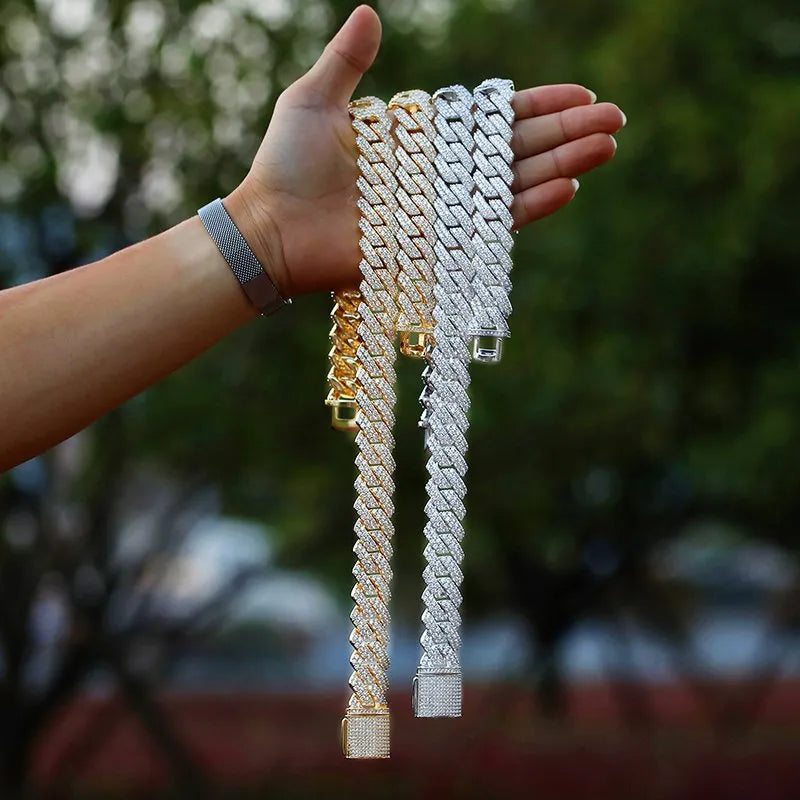 19mm Iced Out Prong Cuban Chain – White or Yellow Gold Finish