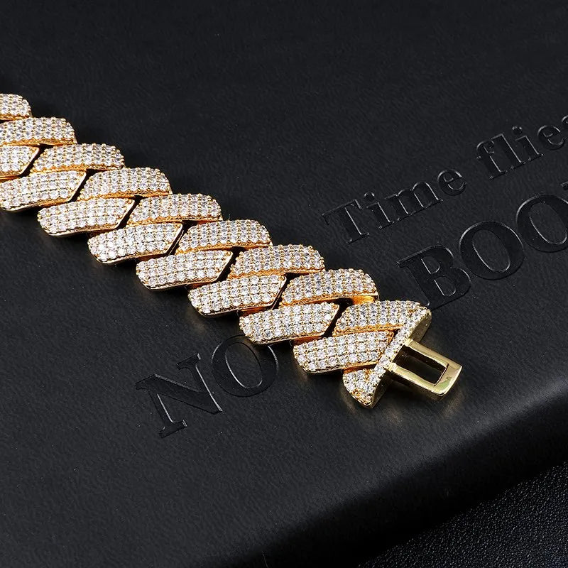 19mm Diamond Prong Cuban Chain – White or Yellow Gold Finish
